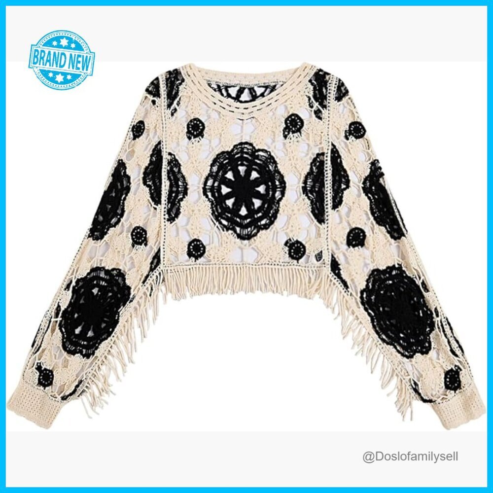 Y2K Cropped Pullover Sweater Hollow Out Colorblock Fringe Knit Top